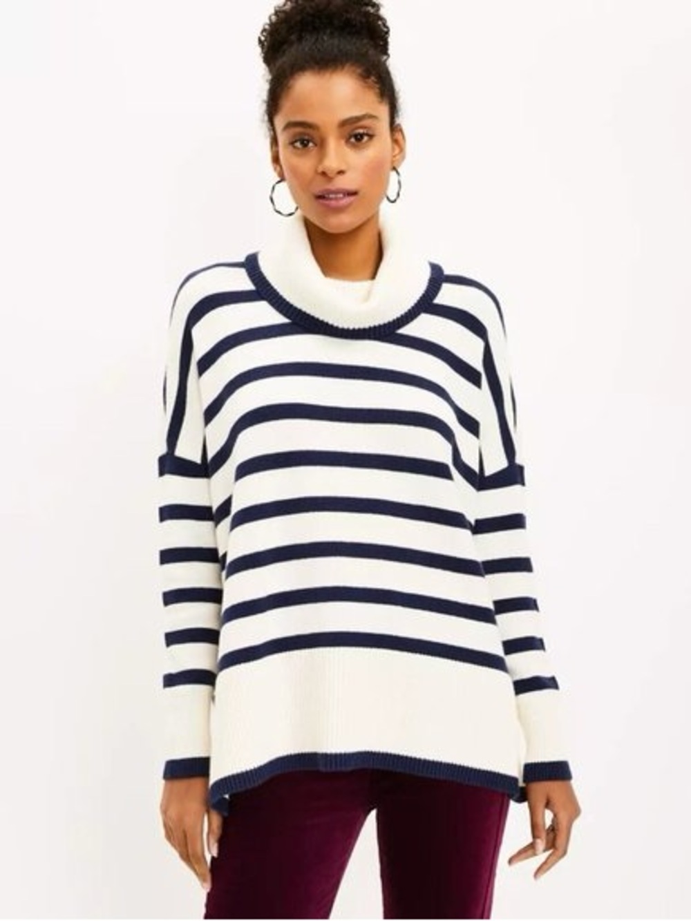 Loft Striped Cream and Navy Poncho Turtleneck Sweater
